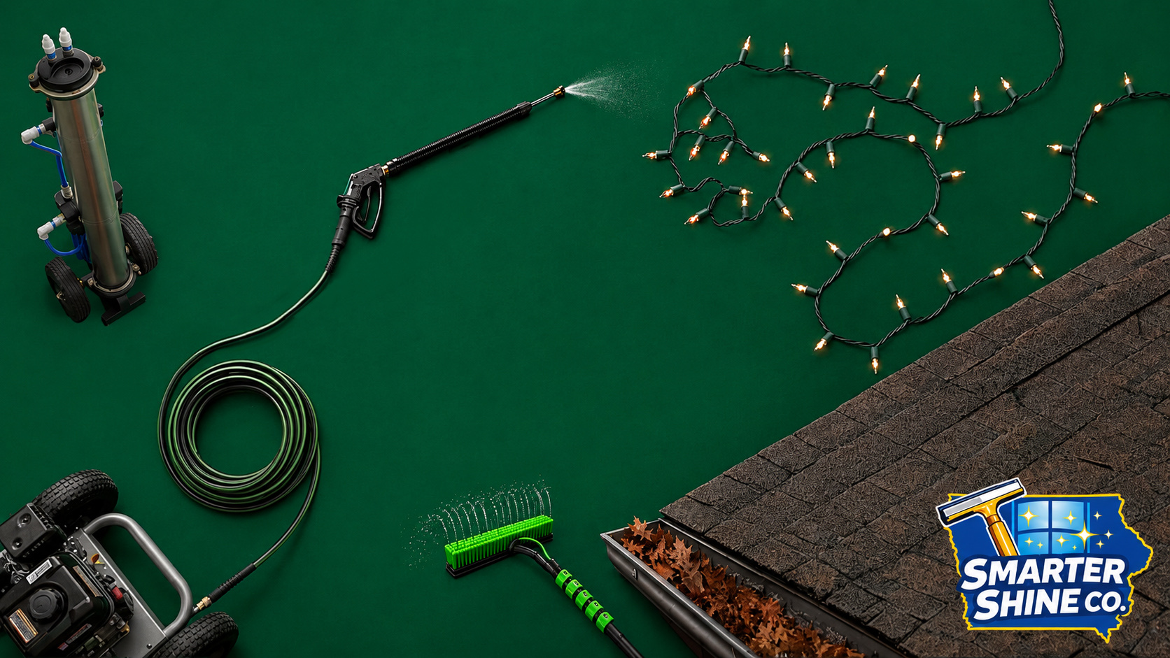 Smarter Shine Co. services — pressure washing, holiday lighting, window cleaning, and gutter cleaning